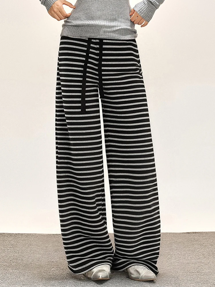 Contrast Color Striped Women Wide Leg Pant Vintage Fleece lining Slouchy Knitted Pant Autumn Winter Straight Baggy Sweatpants