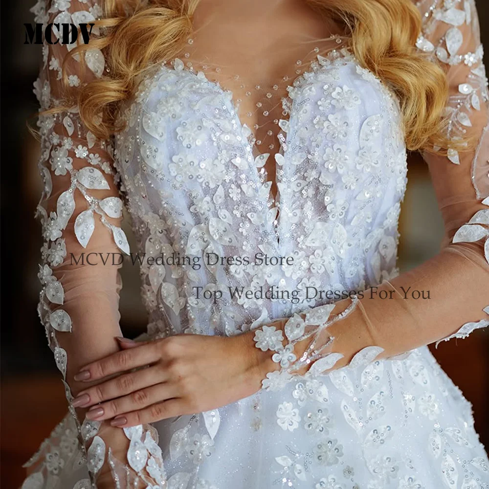 MCDV Customized Exquisite Women's Princess Ball Gown Lace Wedding Dresses 2025 Long Sleeve Applique Bride Gown with Chapel Train