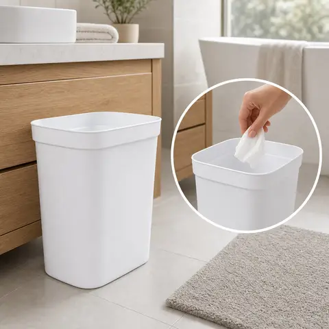 White Compact Plastic Waste Basket, Space Saving Trash Can For Bathroom Kitchen Office Easy Clean Bin
