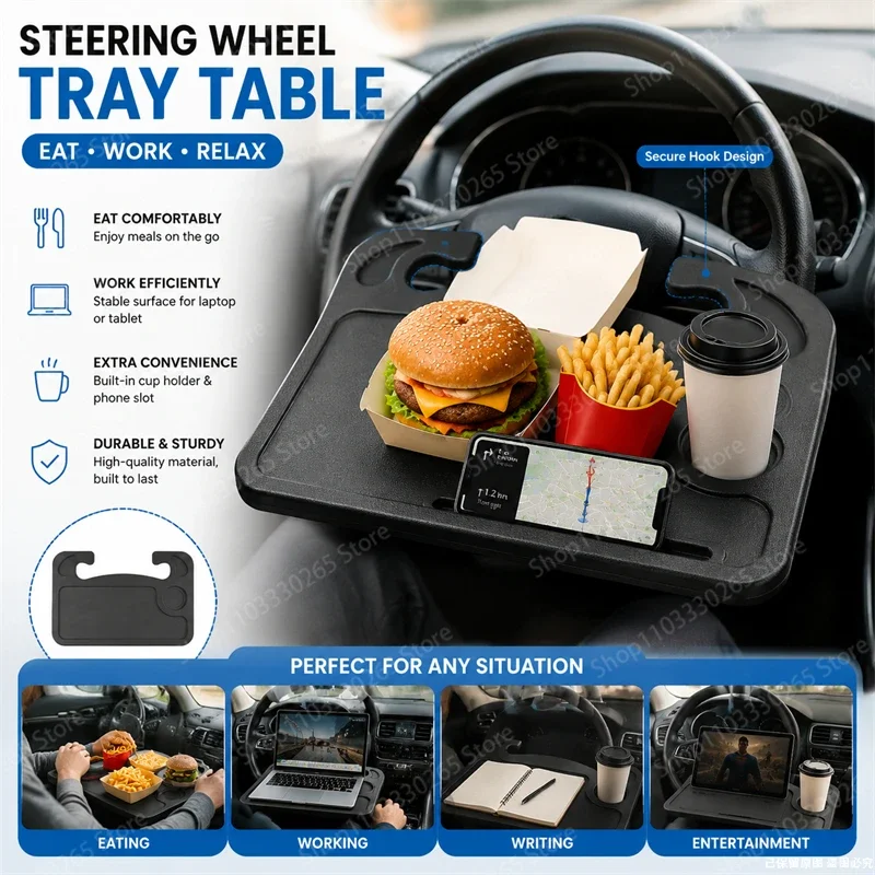 Car steering wheel tray table with cup and phone holder, portable car food table, anti spill travel dining car tray