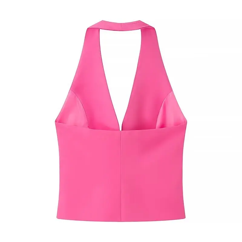 Summer Sexy Hot Pink Halter V-Neck Backless Crop Top Women's Sleeveless Buckle Strap Vest Top for Date Night & Clubwear