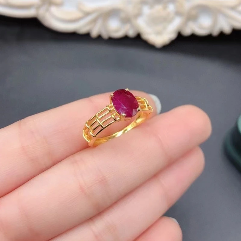 Sterling Silver Ruby Ring 6mm*8mm 1ct Ruby Jewelry with Thick Gold Plating Trendy Design 925 Silver Gemstone Ring