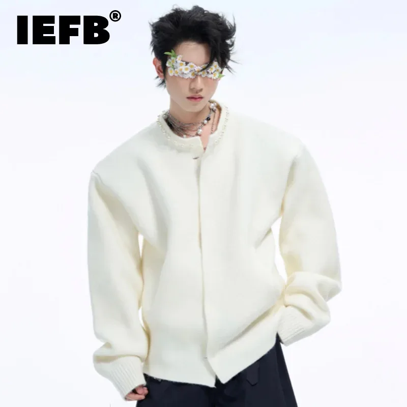 IEFB Niche Design Men\'s Cardigan Sweater Pearl Knitting Short Round Collar 2024 Winter New Loose Solid Color Male Tops 24E5187