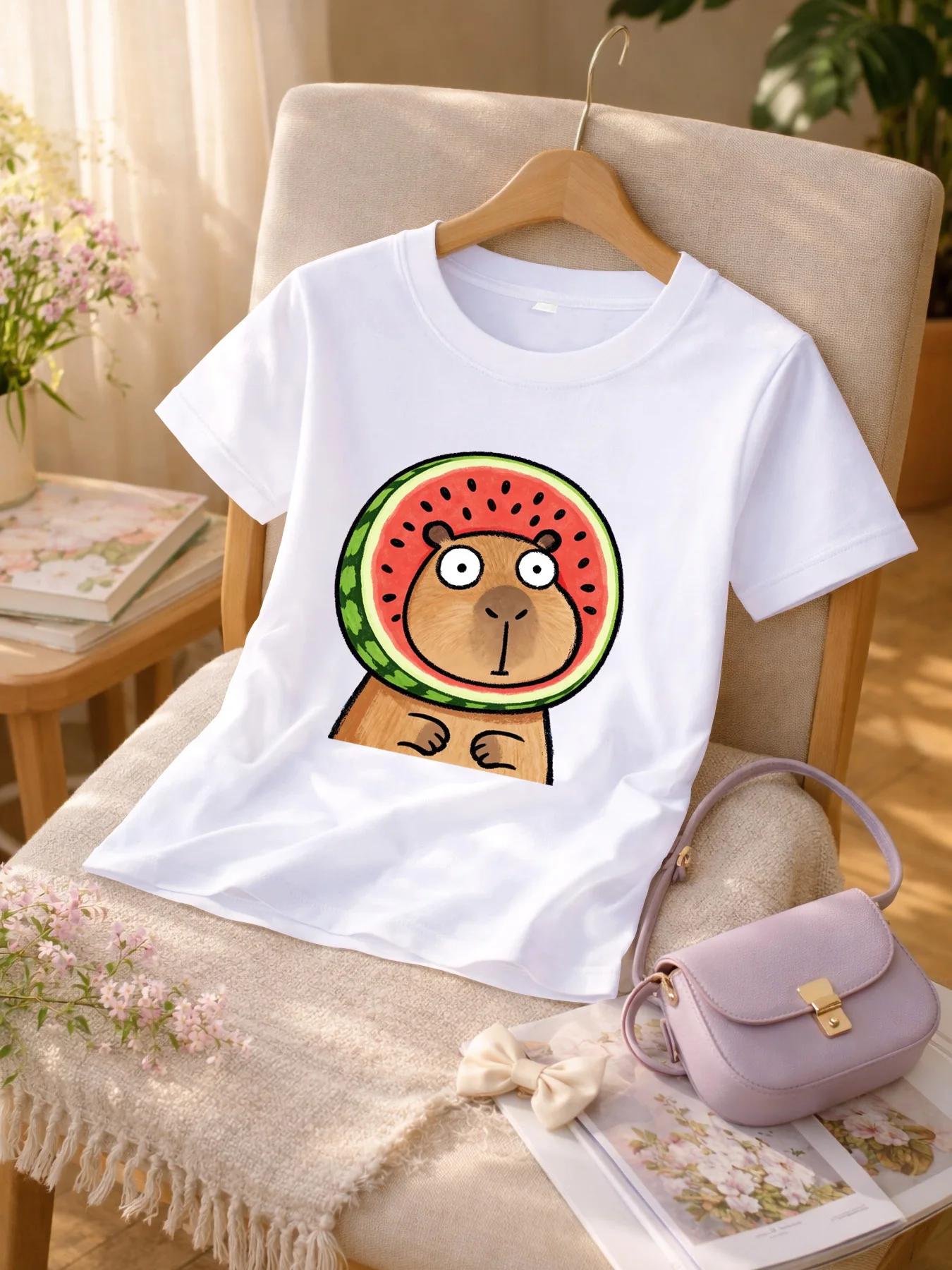 Watermelon Capybara Kids Tee Cartoon Print Boys Girls Family Matching Cotton Summer Short Sleeve Basic Children Tshirt