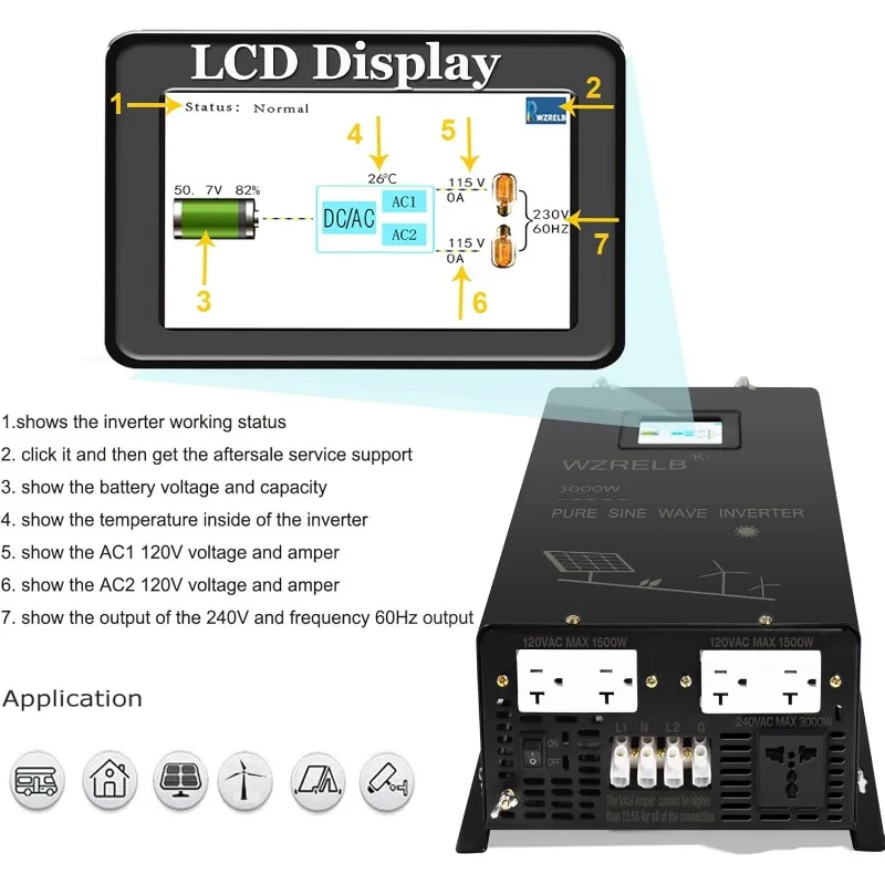 WZRELB Inverter a onda sinusoidale pura a fase divisa da 3000 W, ingresso 48 V CC a 120 V 240 V CA, 4 prese CA, terminale cavo rigido CA