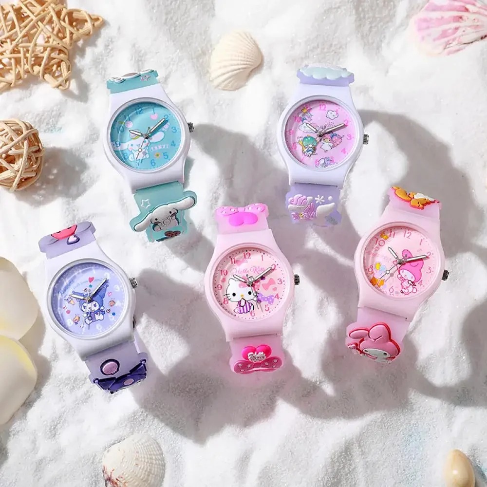 Sanrio 3D Cartoon Pattern Children Watch Cute Hello Kitty Quartz Watch Kuromi Melody Cartoon Silica Gel Watchband Kids Gift