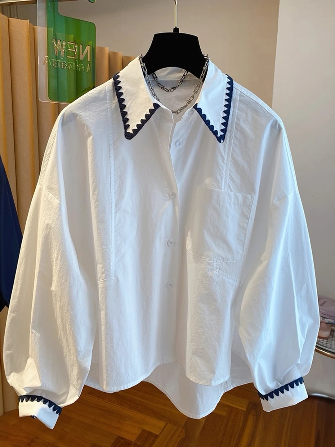 Retro Long Sleeve Workwear Shirt Women Spring Autumn New plus Size Fat MM Slimming Belly Covering Embroidery  Top