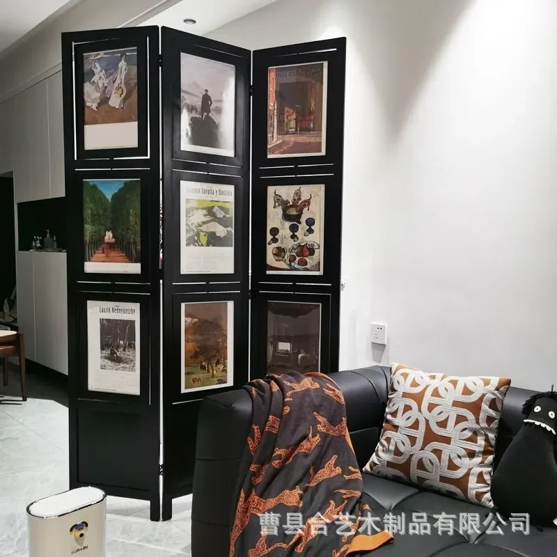 Chinese Retro Solid Wood Folding Screen Room Divider Photo Frame Wall Partition Decor for Living Room Porch Window Background