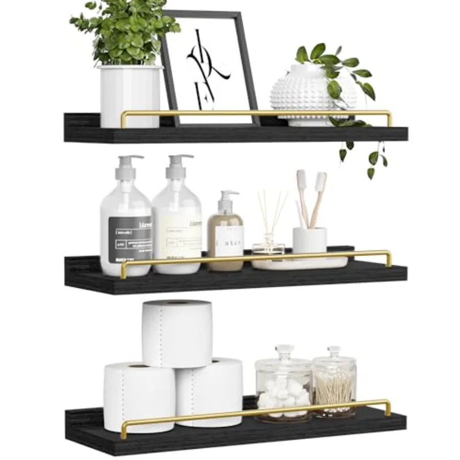 

Floating Shelves for Wall Decor, Black and Gold Shelves for Bathroom, Living Room, Bedroom, Picture Frames, Plants, Kitchen Set