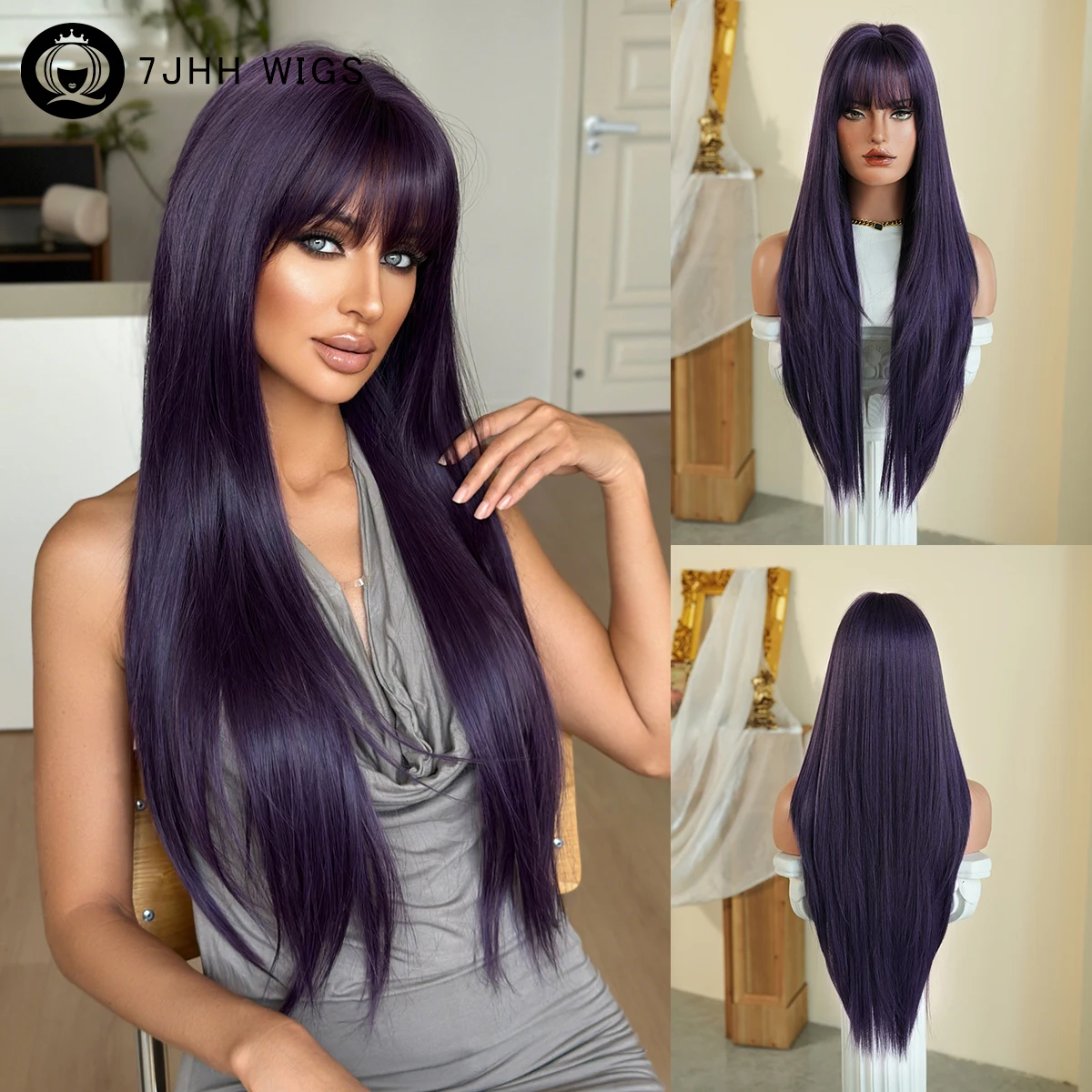 

7JHH WIGS Long Straight Layered Dark Purple Wig for Women High Density Synthetic Modest Fashion Purple Wigs with Neat Bangs