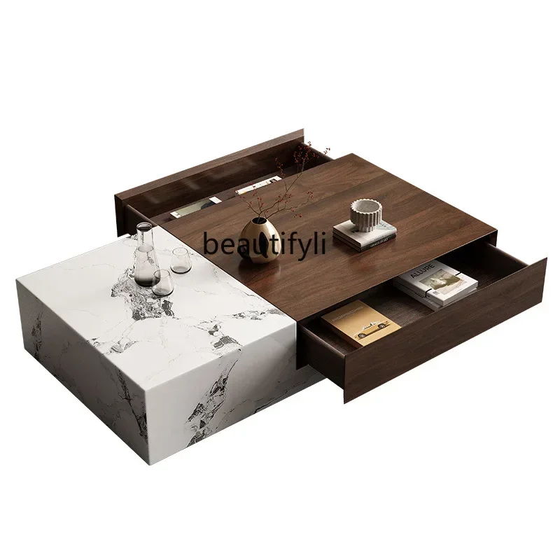 

Walnut rock slab coffee table living room size floor color matching combination modern simple light luxury tea table