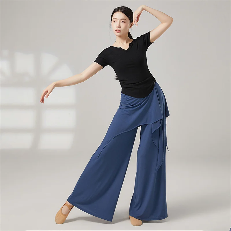 Pantalones largos de cintura alta para mujer, pantalones de baile sueltos de pierna ancha, transpirables, drapeados, trajes de entrenamiento clásico de danza folclórica china