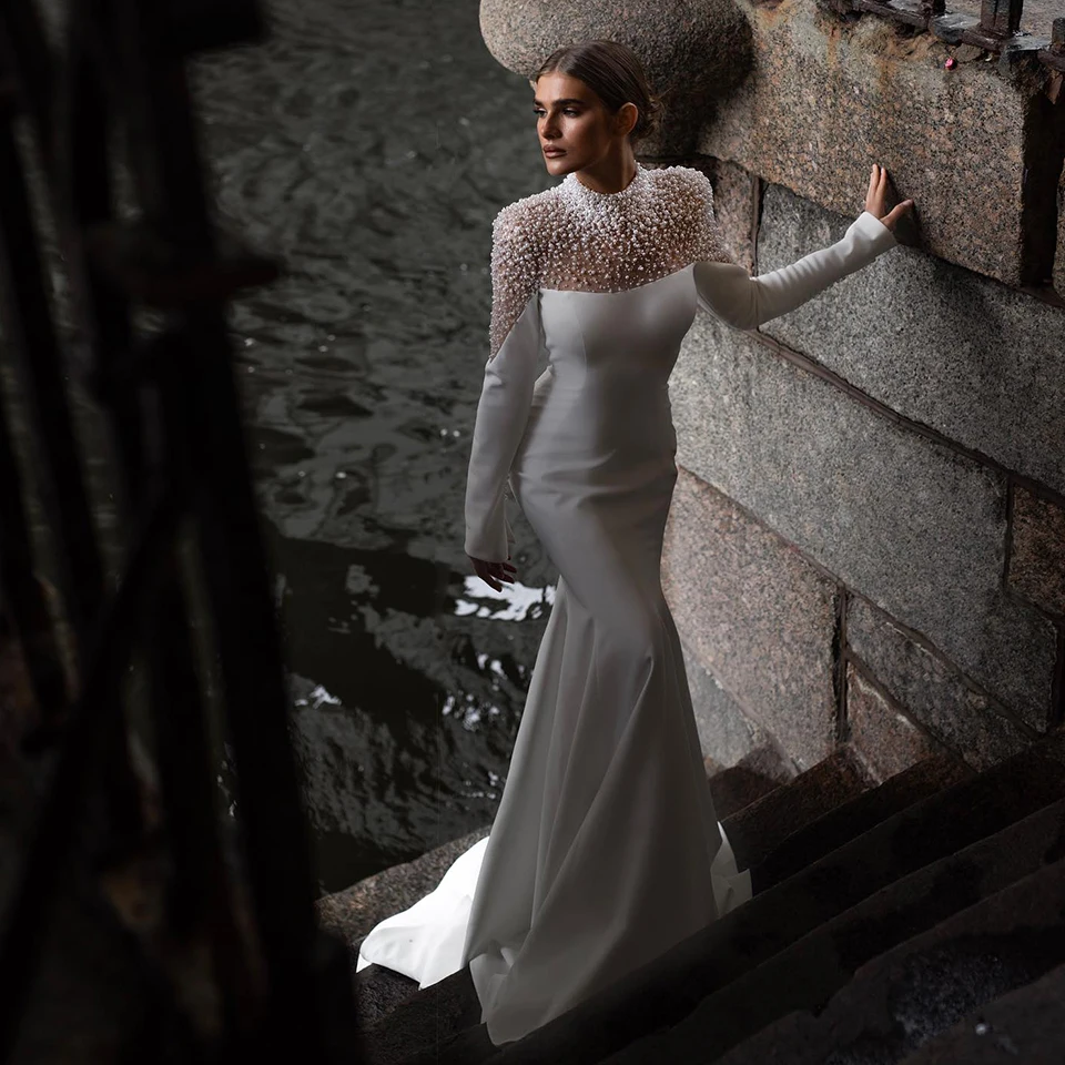 럭셔리 하이넥 반짝이는 진주 비딩 머메이드 웨딩드레스 2025 사우디 아라비아 긴 소매 여성 신부 드레스 베스티도 데 노이바