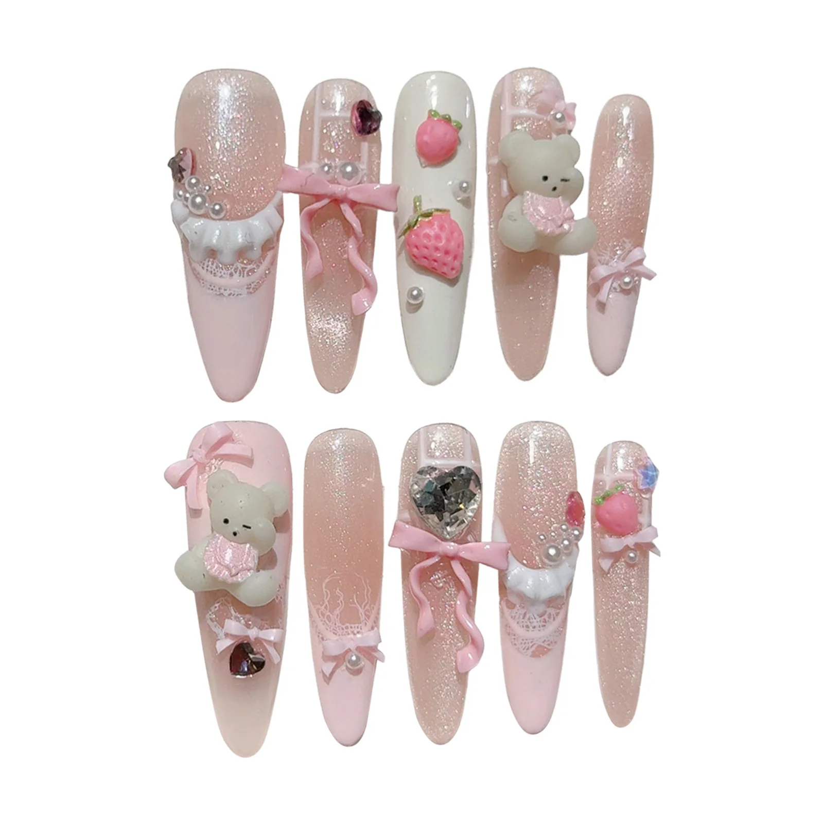 10 stuks handgemaakte pers op nagels Franse nepnagels met roze aardbei beer meisjes lange stiletto ballet Y2K Koreaanse valse nagel