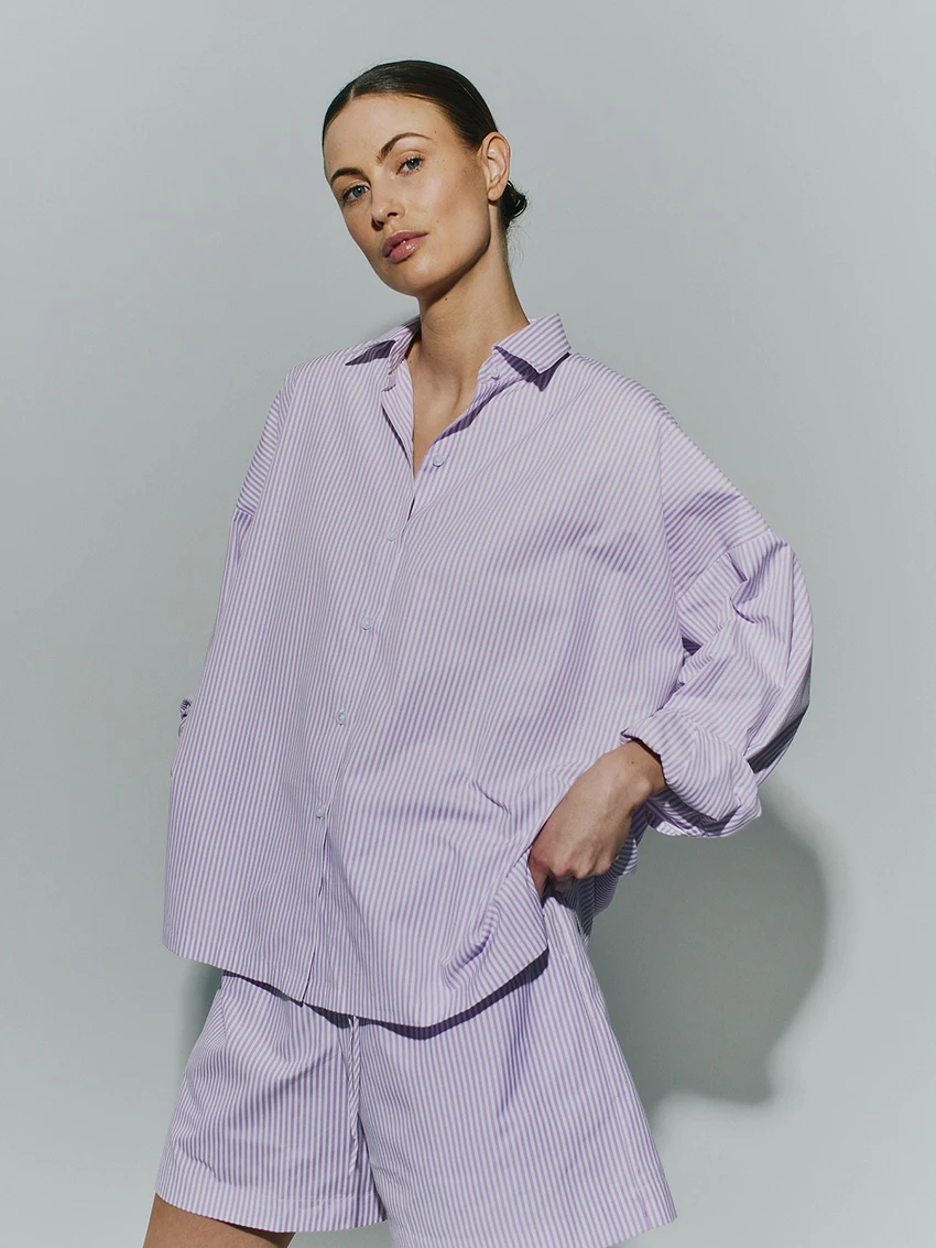 

Marthaqiqi полосатые женские ночные рубашки костюм с длинными рукавами пижамы с отложным воротником шорты повседневная женская домашняя одежда зимняя