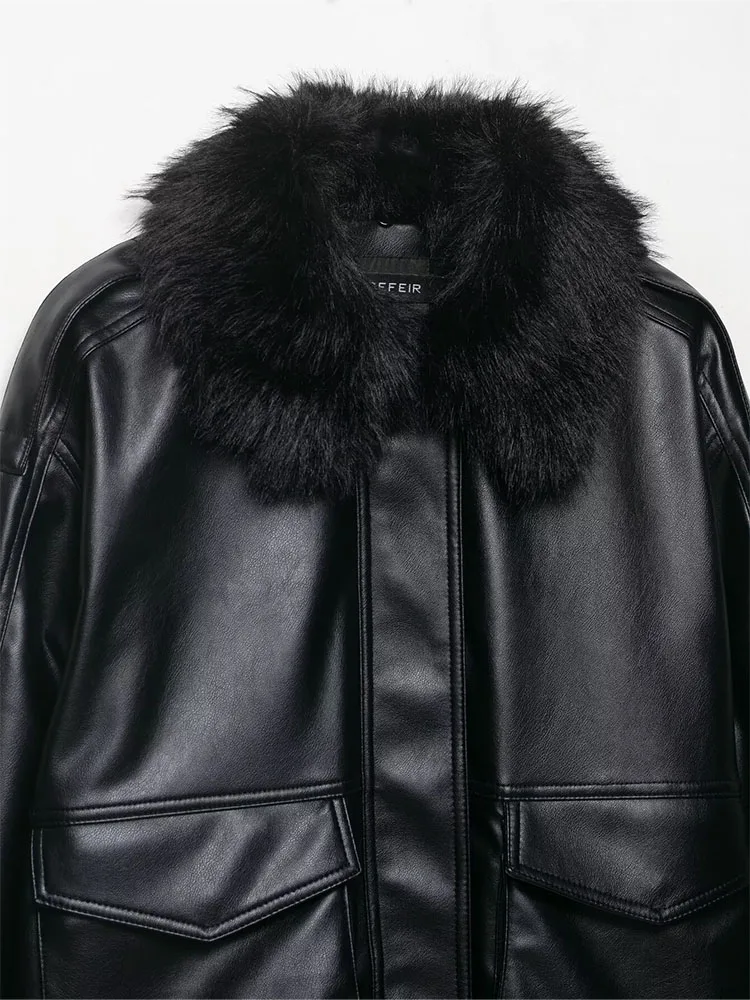 

HH женские осенние уличные свободные пальто черные с меховой отделкой с лацканами и карманами на молнии женские новые модные модные куртки с длинными рукавами