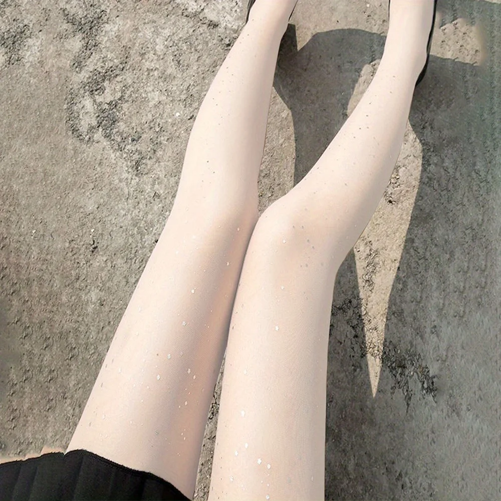 1 Pair High-Waisted Tights with Sequined Stars and Glittery Polka-Dot Cosmic Design – Suitable for Teens and All Seasons