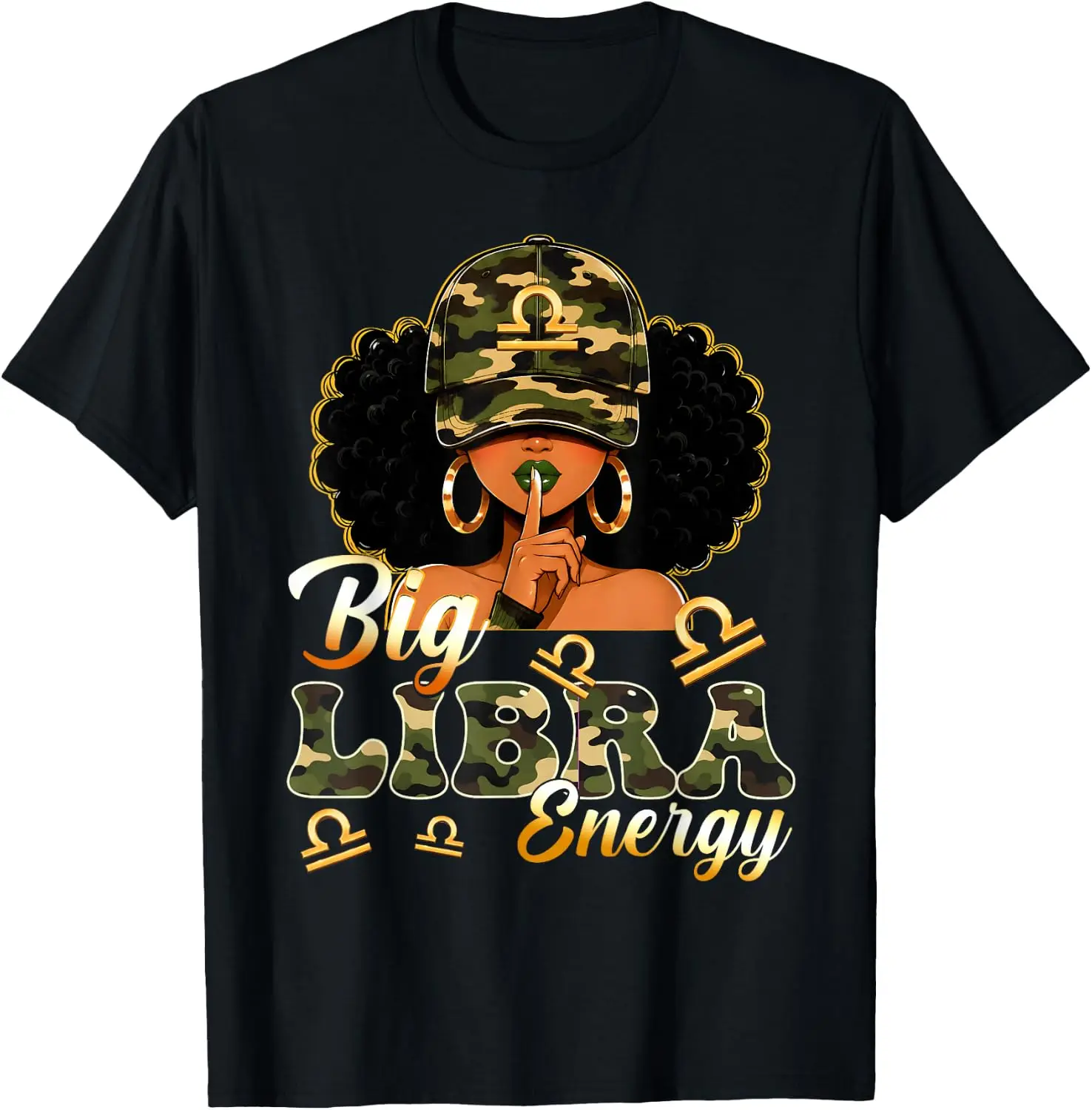 Big Libra Energy Camouflage Black Woman Cap Zodiac Girl T-Shirt Novelty Unisex Graphic T‑Shirt, Creative [Your Graphic Design] Print Tee, 100% Cotton Breathable Crew Neck Casual Short Sleeve Top, Gift Choice For Friends Family Daily Party