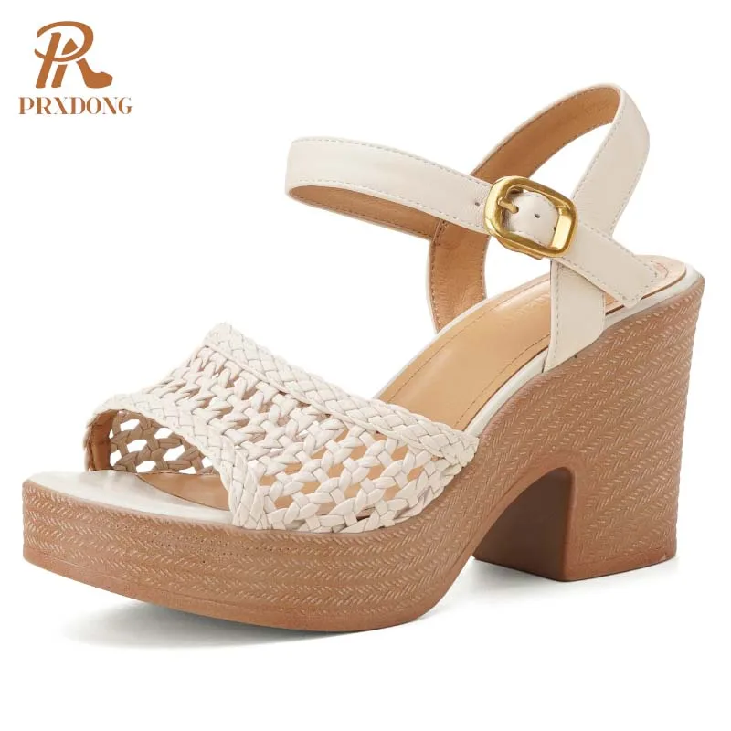 

PRXDONG Women's Sandals Chunky High Heels Platform Brown Beige Genuine Leather Summer Dress Party Female Lady Shoes Size 34-39