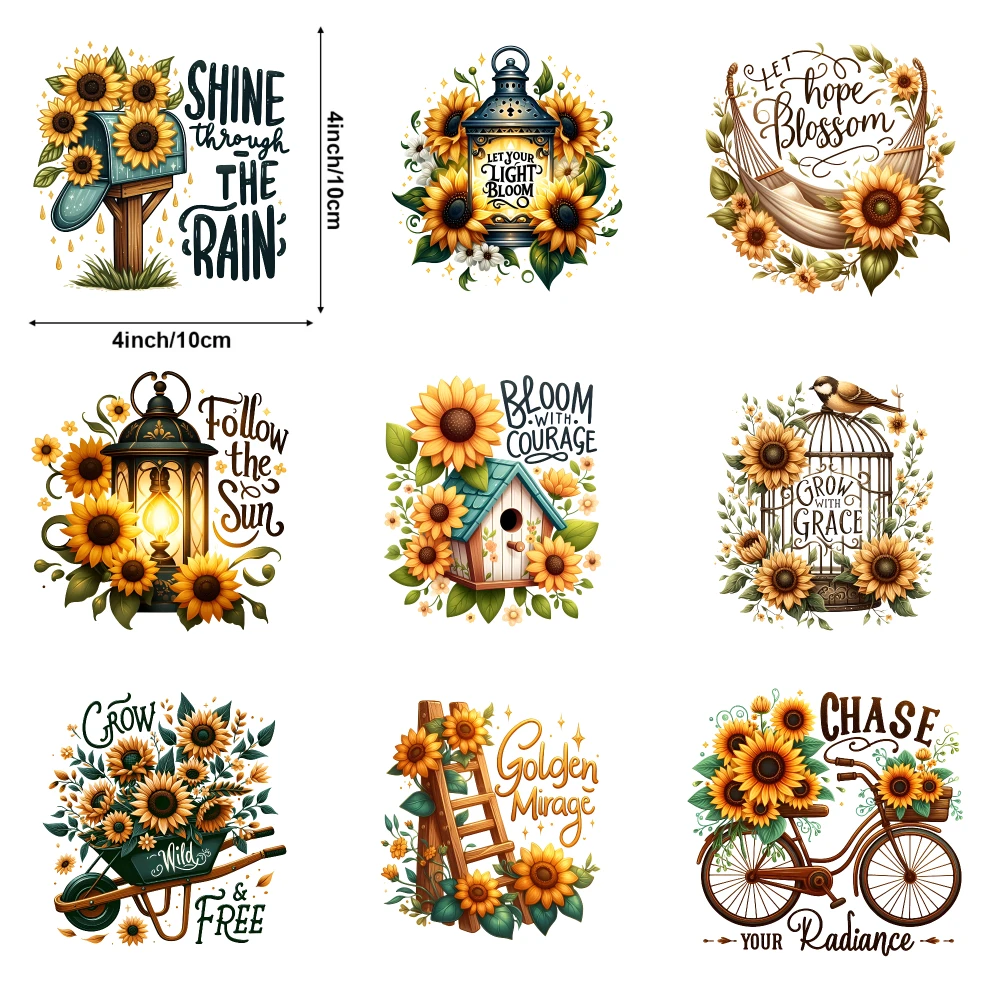 9 Pcs Sunflower Garden Iron on Transfers casual style. Washable heat transfer stickers Easy to heat press decals iron on decals
