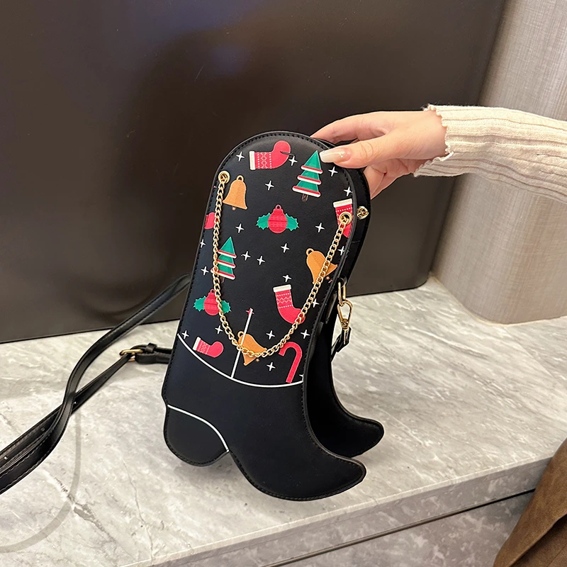 Bolso con botas divertidas para mujer, diseño de multitud navideña, bandolera con cadena a la moda, bolso con personalidad divertida para niños