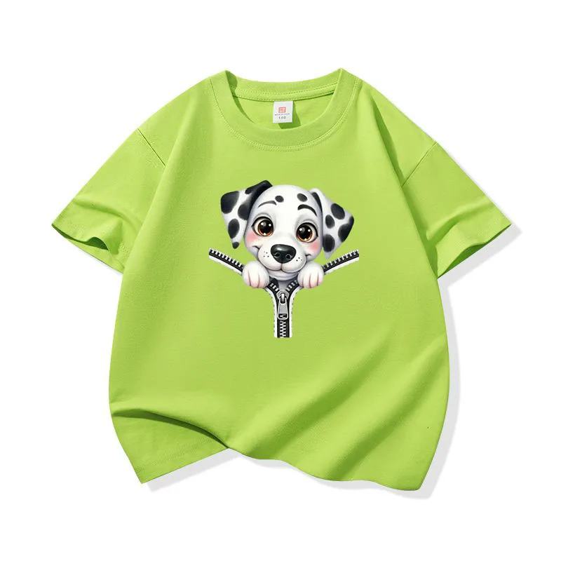 Kids Cotton T Shirt Cute Dalmatian Puppy Zipper Print Crew Neck Short Sleeve Tee Casual Breathable Boys Girls Summer Tops