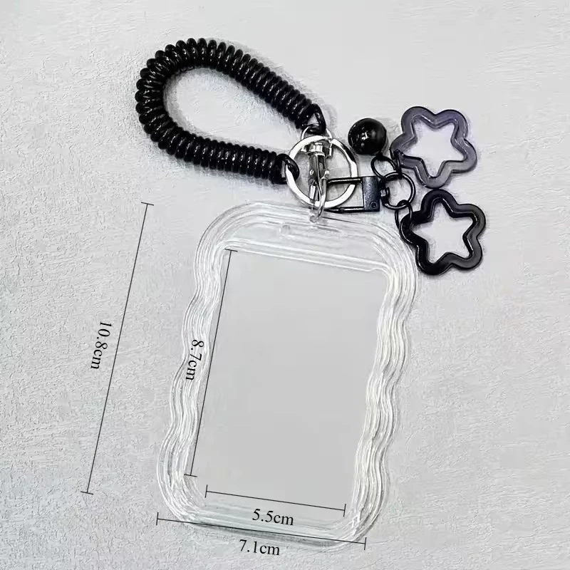 Cute Photocard Holder Keychain Kpop Photo Card Holder Case Transparent PC Holder with Star Wave Design for Bus Student Card