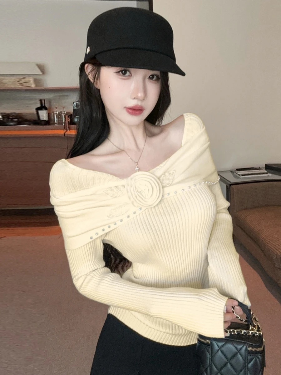 Elegant Pure Desire Shoulder Bared Long Sleeve Knitted Slim Fit Top with 3D Flower Design Versatile Base Layer Sweater for Women