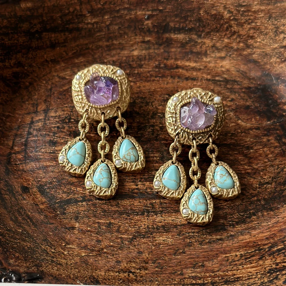 

Unique exaggerated purple tassel turquoise earrings for women