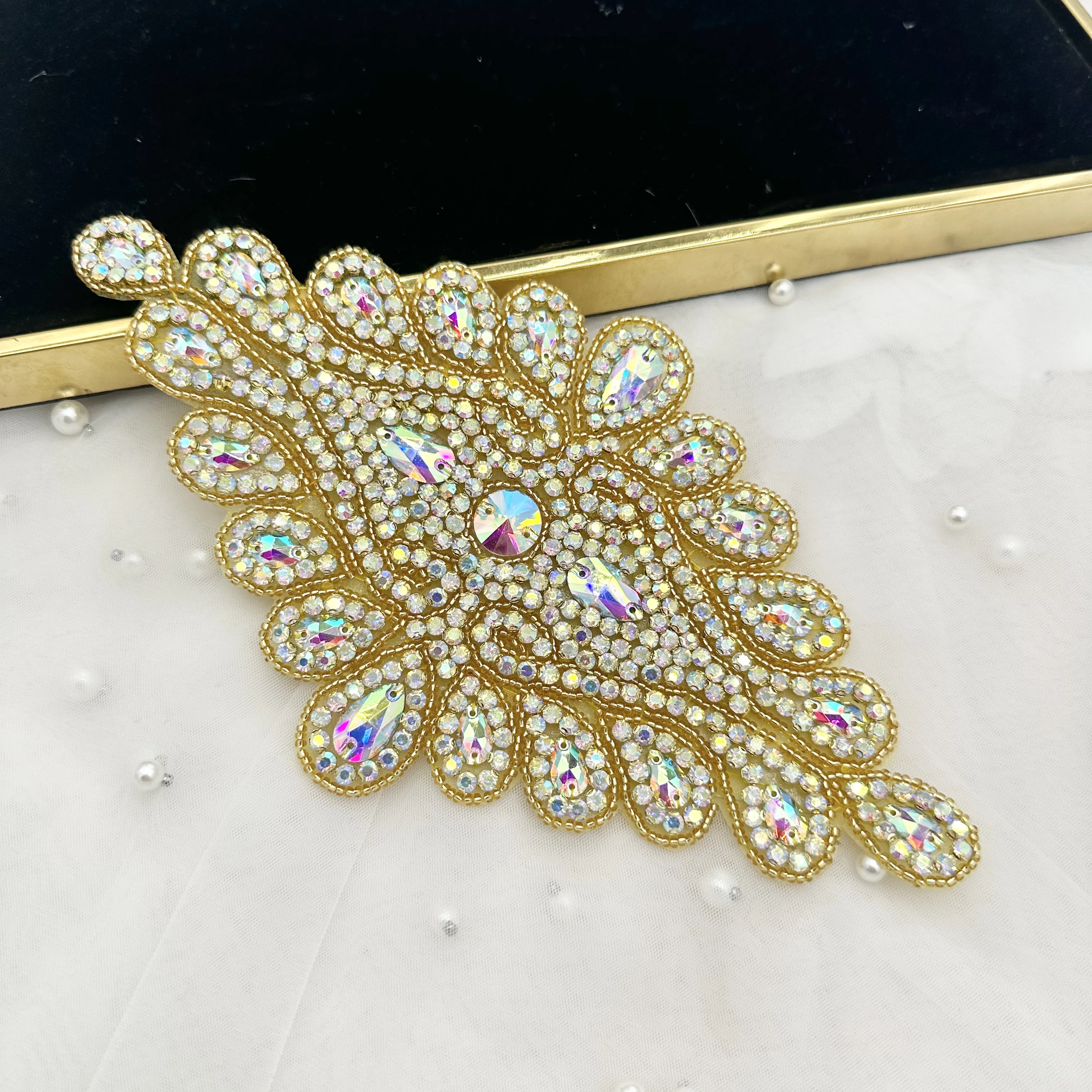 Ceinture à fleurs en strass avec patch de perles de verre colorées cousues à la main et à coller à l'arrière, Matériel DIY pour accessoires de robes de soirée pour femmes