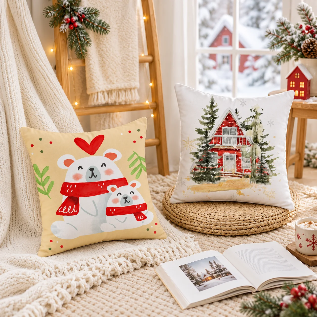 1/4PCS Christmas Snowman Polar Bear Cabin Cushion Cover Short Plush Double-Sided Print Throw Pillow Cover Sofa Home Decor Gift