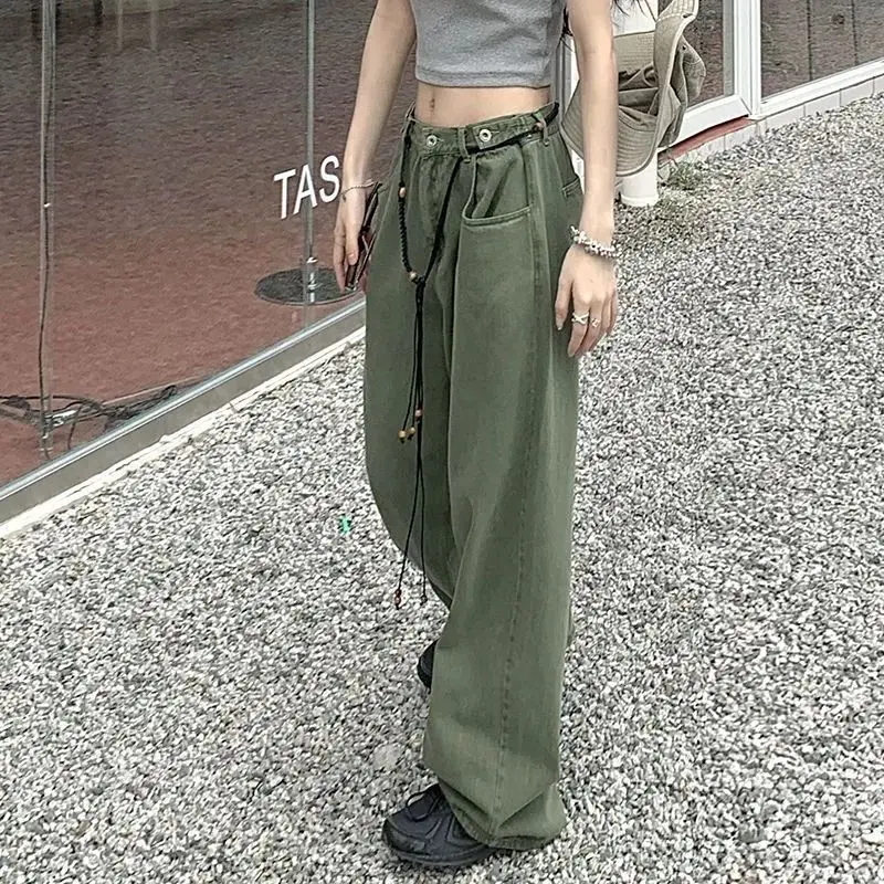 

2023 New Autumn Winter Fashion Women Trousers High Street High Waist Belt Slim Jeans Loose Elegant Green Denim Wide Leg Pants