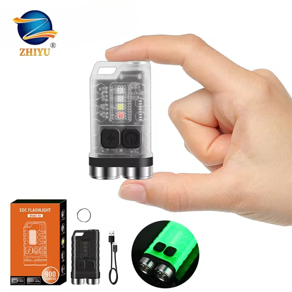 V3 EDC Flashlight Mini Keychain 900LM Super Bright Multifunctional LED Torch USB Rechargeable Waterproof Camping Lantern