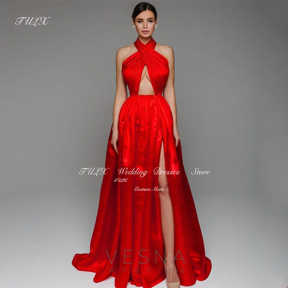 

TULX Sexy Red Prom Dress Halter Slit Sweep Train Evening Party Gown A Line Pleat Backless Satin Vestido De Noche Customized 2025