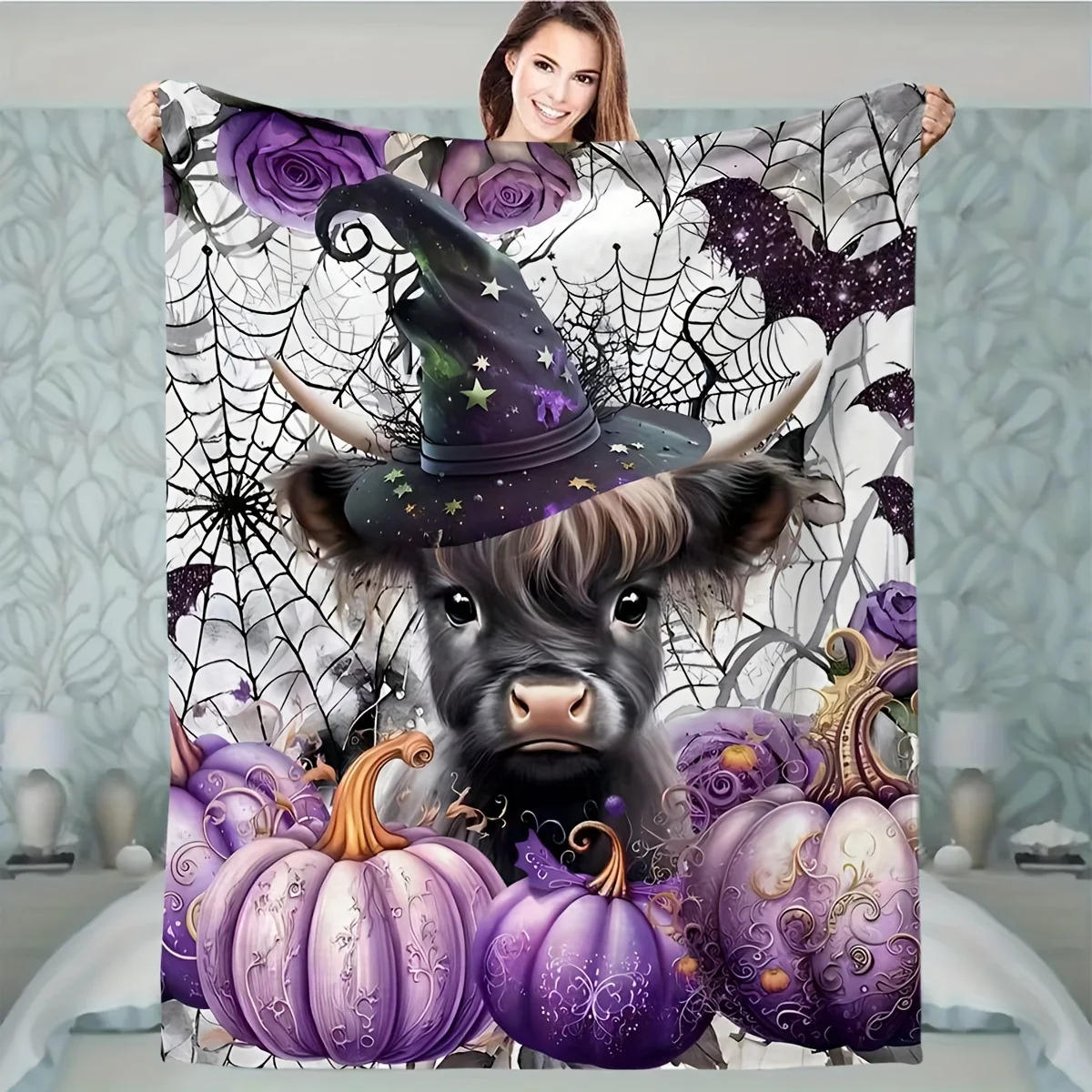 Halloween Blanket Cute Highland Cow Witch Pumpkin Bat Flannel Blanket Warm, Comfortable,for Travel Camping Home Sofa Decoration