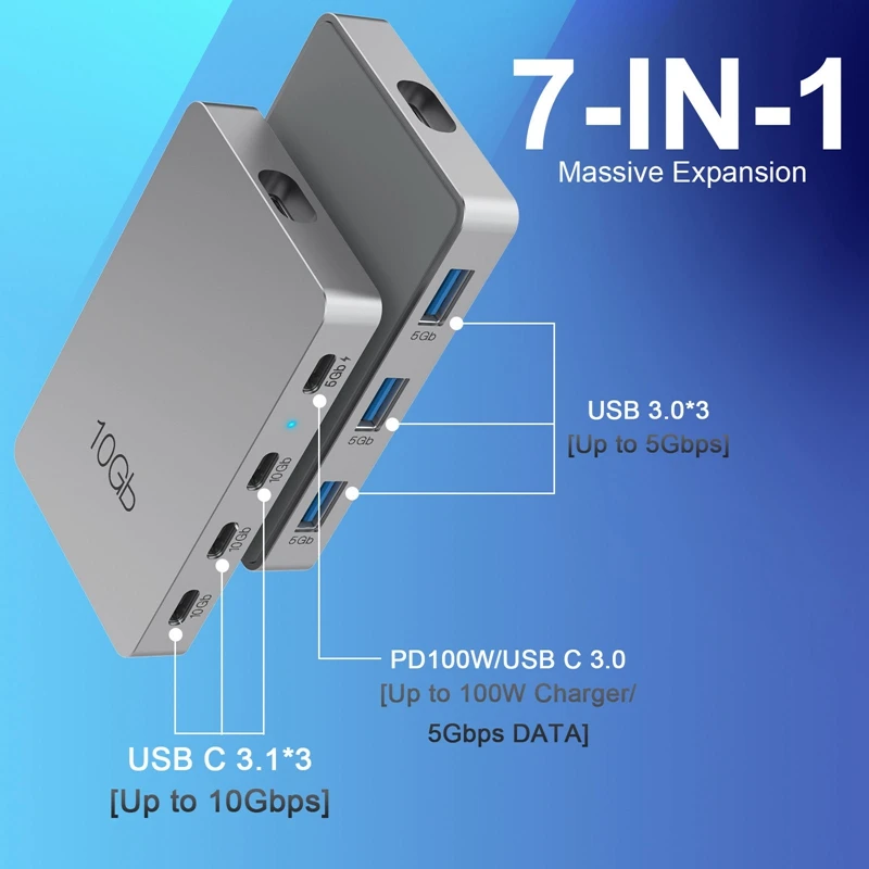 7 In 1 Type-C Gen2 USB Splitter 3 High Speed Multiport Type C Hub Compatible For Windows/Mac OS/Chrome OS/Android Durable