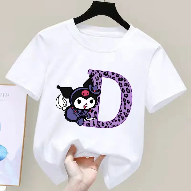 New Kuromi Anime Letter AZ Childrens Short sleeve New Sanrio Summer T-shirt Clothes Girl Heart Soft Clothes Kawaii Birthday Gift