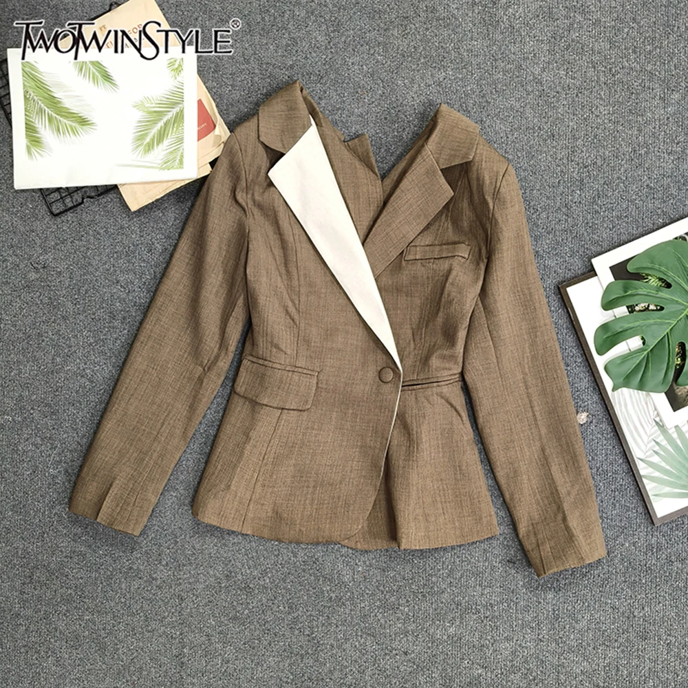 

TWOTWINSTYLE Slimming Casual Hit Color Jackets For Women V Neck Long Sleeve Autumn Temperament Jacket Female Fashion KJA533284