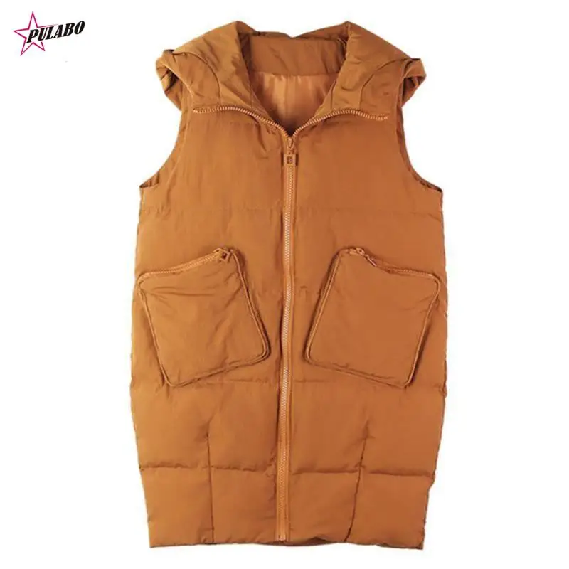 

PULABO Autumn / Winter Women Vest Waistcoat Long Down Cotton Jacket Loose Oversize Bread Jacket Sleeveless Hooded Jacket ins