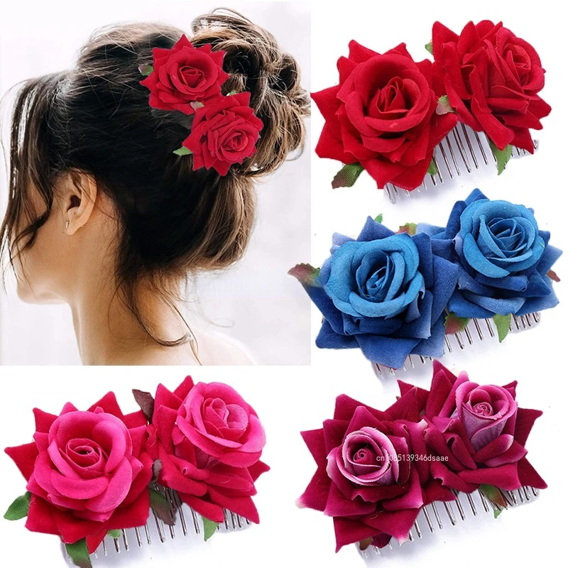 Horquilla de flor de Rosa Artificial para mujer, peine de tela de terciopelo, accesorios de fiesta de dama de honor de boda, pinza para el cabello, nueva moda