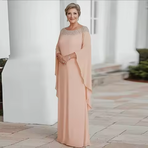 Long Mother of Bride Dress for Weddings Floor Length Cap Sleeves Wedding Guest Dress Beaded Evening Gowns Long