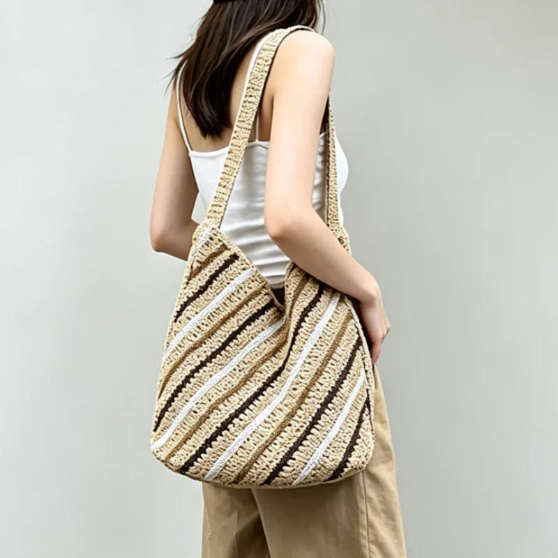 

Triangle Stripe Woven Shoulder Bag Bohemia Colorblock Summer Beach Vacation Handbag Casual Large-capacity Commuter Tote Bag