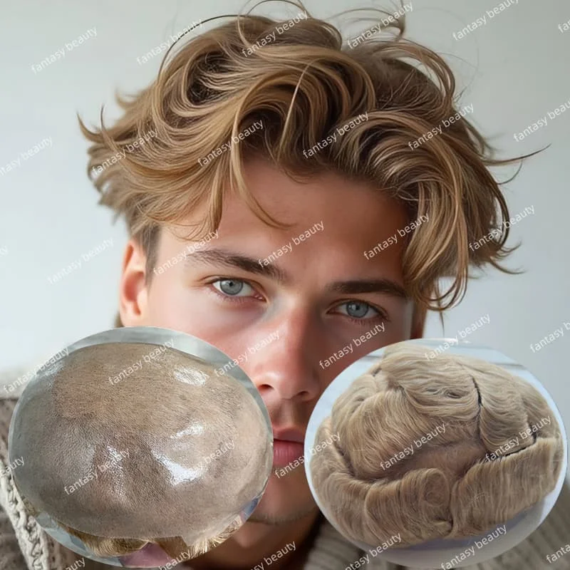 

Undetectable Men Toupee Lightest brown blonde #22R#20#613 Thinness Skin 0.06-0.08mm pu base Men Toupee 100% Human Male Hair wig