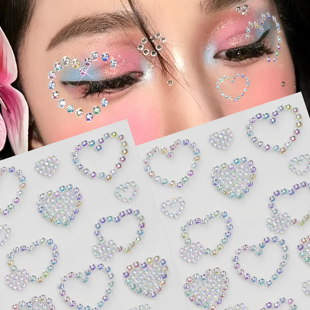 

1Sheet Iridescent Heart Rhinestone Face Tattoo Stickers Shiny Hollow Out Love Heart Diamond Face Decal Y2K Adhesive Face Sticker