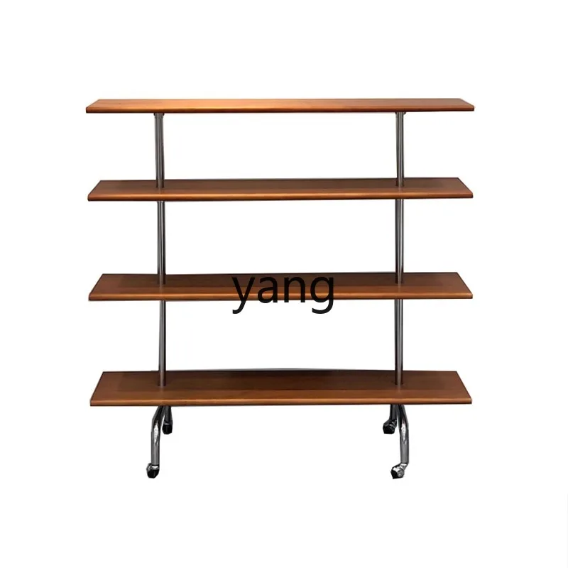

LMM retro multi-layer shelf floor rack with wheel trolley solid wood stainless steel bookshelf