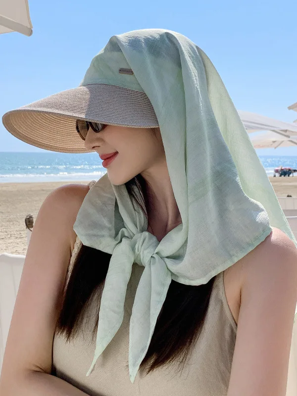 women's-summer-beach-sandals-uv-protection-hat-scarf-tied-wide-brim-sun-hat-breathable-shoulder-length-polyester-fiber