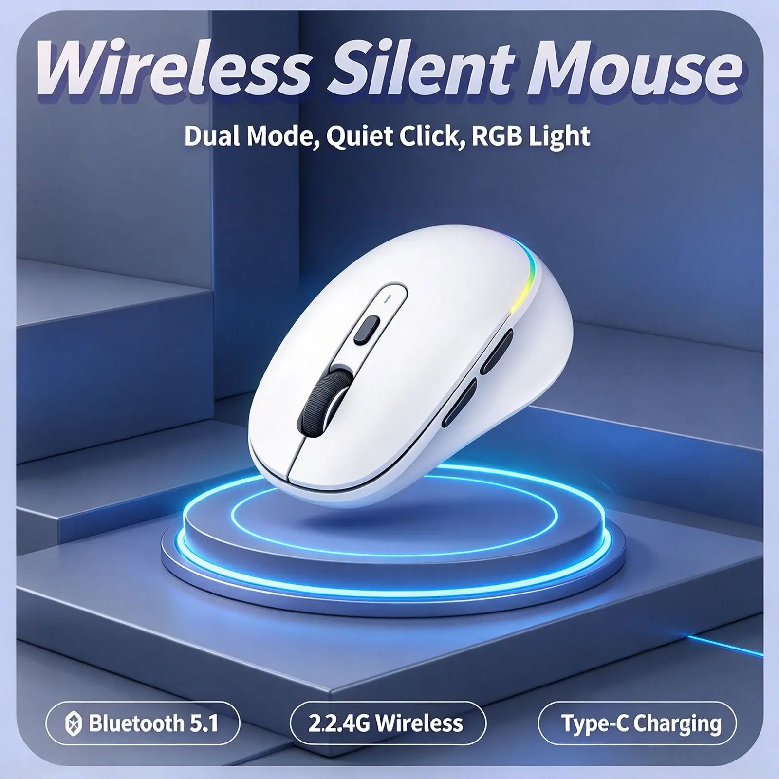 Rechargeable Wireless Bluetooth Mouse 2.4G Dual Mode 6 Keys Mute RGB 1600 DPI Ergonomic Office Mouse for Laptop PC Computer