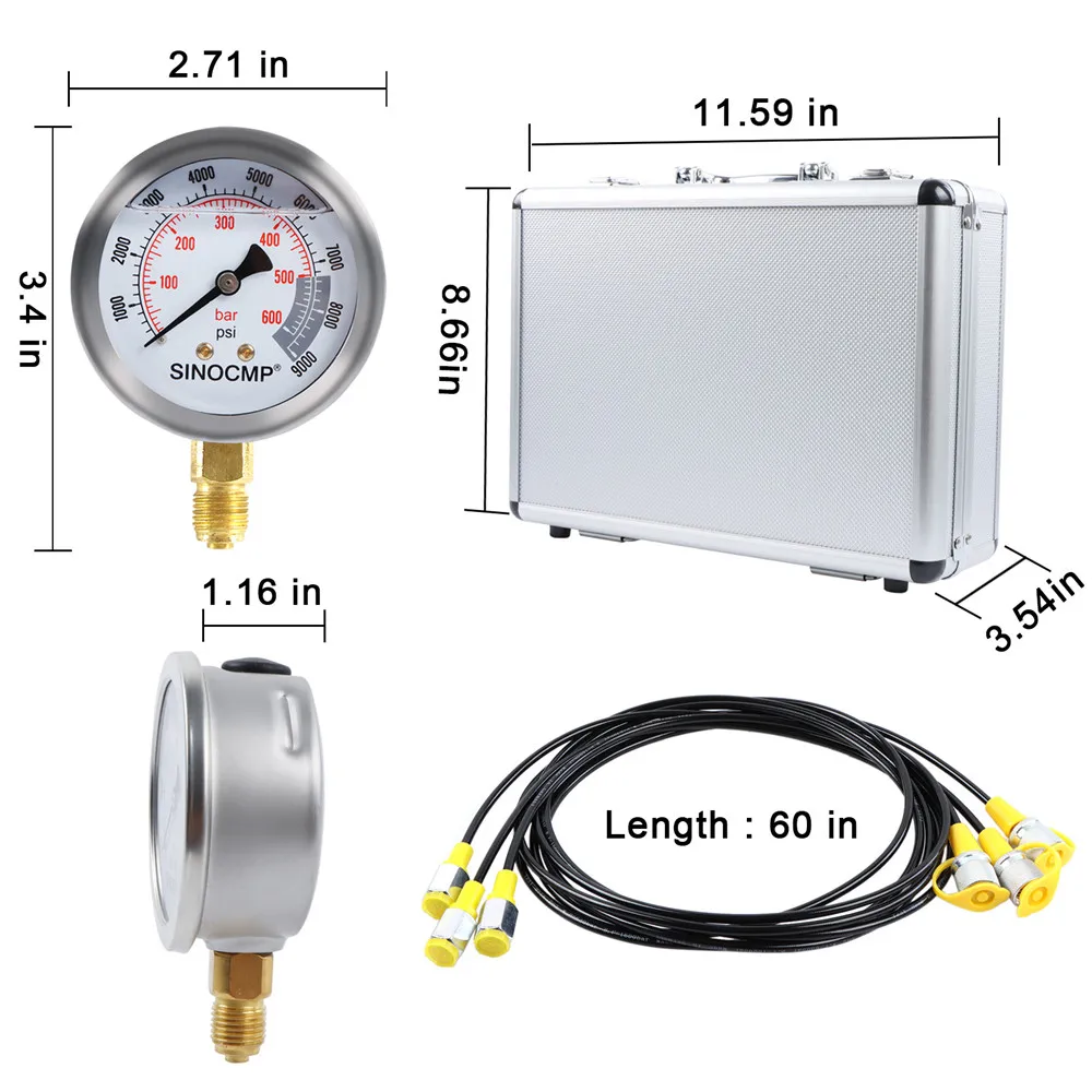 Hydraulic Pressure Test Kits Excavator Hydraulic Test Gauge Sets with Carrying Case for CAT Komatsu Excavator Tractors Machinery