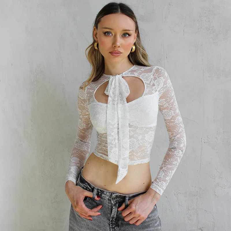 Sexy Women Hollow Out White Lace Shirts Tops Long Sleeve Bandage Cut-out T Shirt Perspective Low-cut Lace Crop Shirts Party Wear