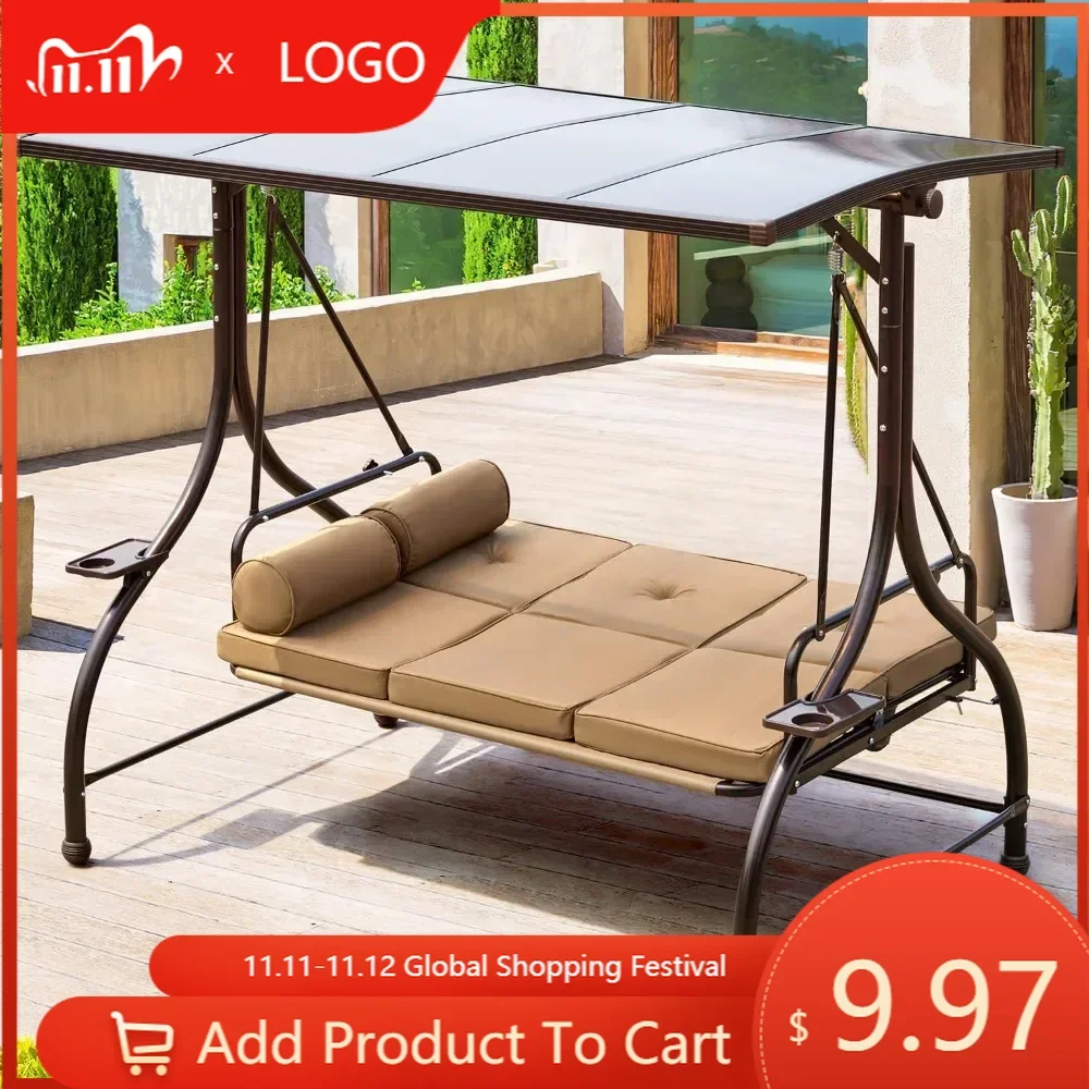 

Outdoor Patio Swing with Hardtop, 3 Person Porch Swing Bench with 2 Side Cup Holder, Convertible Backrest Swing Bed